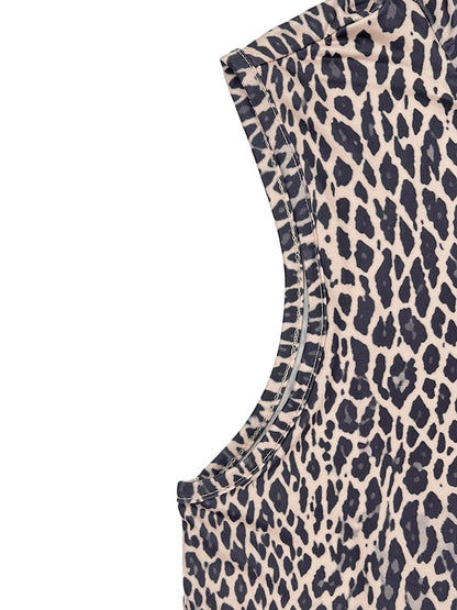 High Waisted Loose Contrast Color Leopard Pleated Pockets Split-Joint Zipper Hooded Anklets Jumpsuits