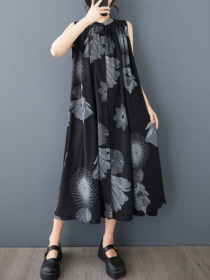 A-Line Loose Buttoned Flower Print Pleated Pockets Round-Neck Midi Dresses