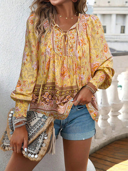 Long Sleeves Loose Contrast Color Drawstring Flower Print Pleated Split-Joint V-Neck Blouses&Shirts Tops