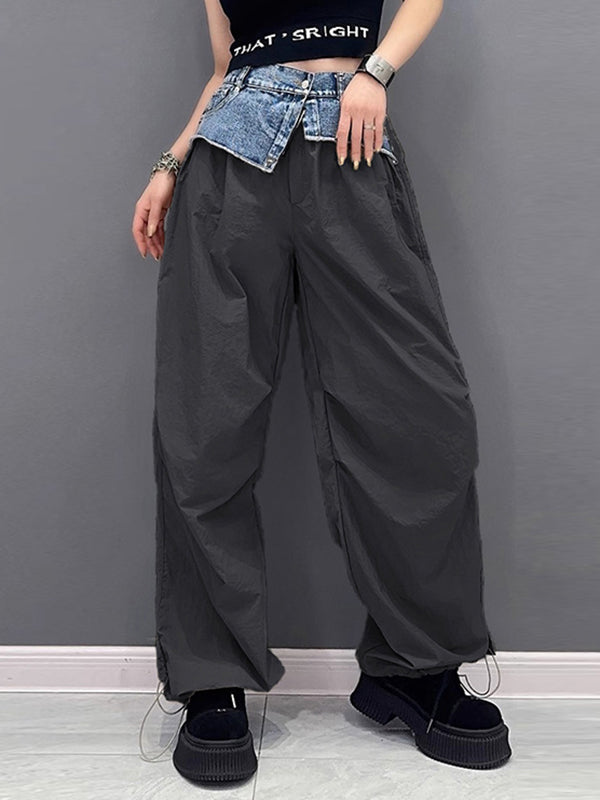 Loose Wide Leg Drawstring Elasticity Split-Joint Cargo Pants Trousers