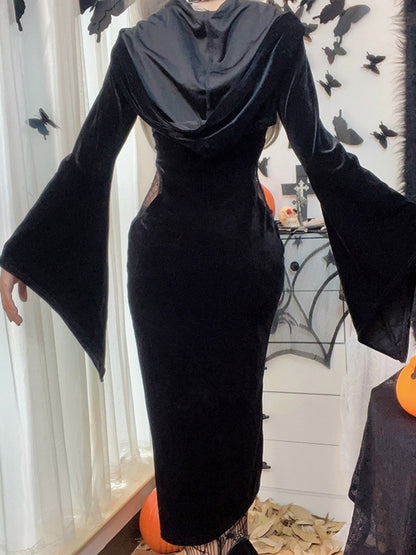 Flared Hooded Outer + Hollow Split-Side Midi Dress Two Pieces Set