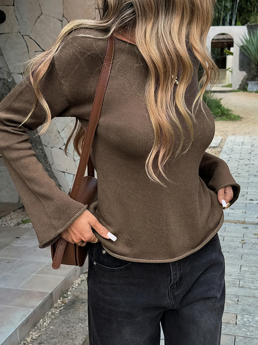 Tied Solid Color Backless Loose Long Sleeves Round-neck Blouses&shirts Tops