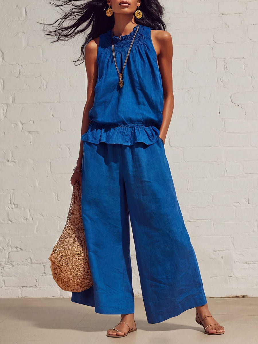 Loose Sleeveless Elasticity Pleated Pockets Solid Color Round-Neck Vest Top + Bottom Pants Two Pieces Set