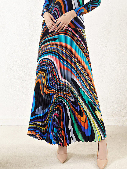 Long Sleeves Contrast Color Pleated Mock Neck T-Shirt Top + Printed A-Line Skirts Bottom Two Pieces Set