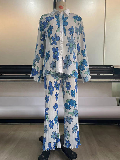 Long Sleeves Loose Buttoned Flower Print Pleated Lapel Shirts Top + Elasticity Pants Bottom Two Pieces Set