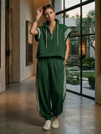 Loose Sleeveless Contrast Color Drawstring Split-Joint Striped Zipper Mock Neck Blouses&Shirts Tops