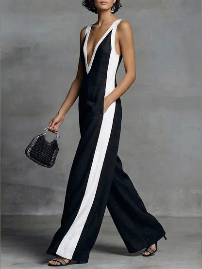 High Waisted Loose Contrast Color Pockets Deep V-Neck Jumpsuits