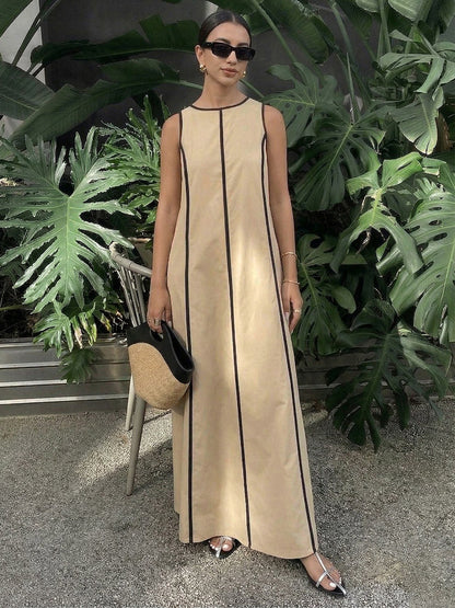 A-Line Loose Contrast Color Line Round-Neck Maxi Dresses