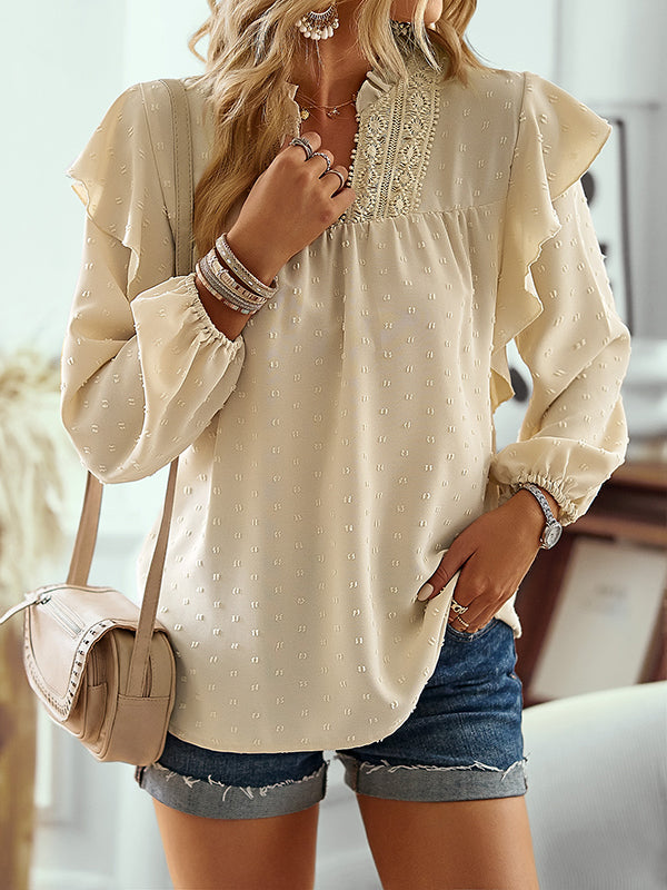 Long Sleeves Loose Elasticity Jacquard Ruffle Trim Solid Color Split-Joint V-Neck Blouses&Shirts Tops