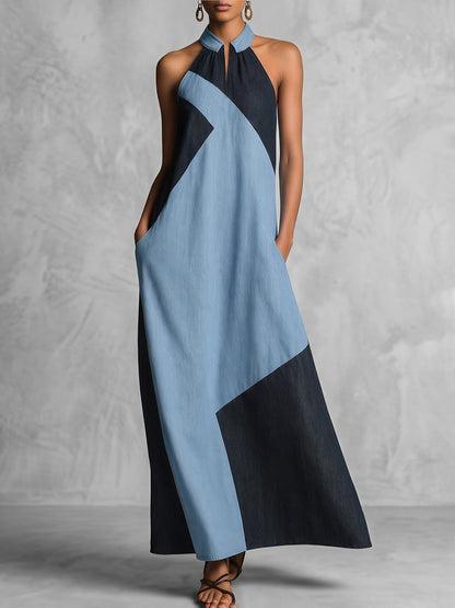 A-Line Loose Contrast Color Pockets Split-Joint Zipper Halter-Neck Maxi Dresses