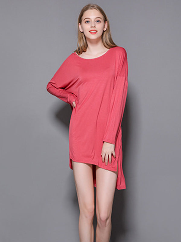 Solid Color Modal Plus Size High-Low Long Sleeve Pajamas Dress