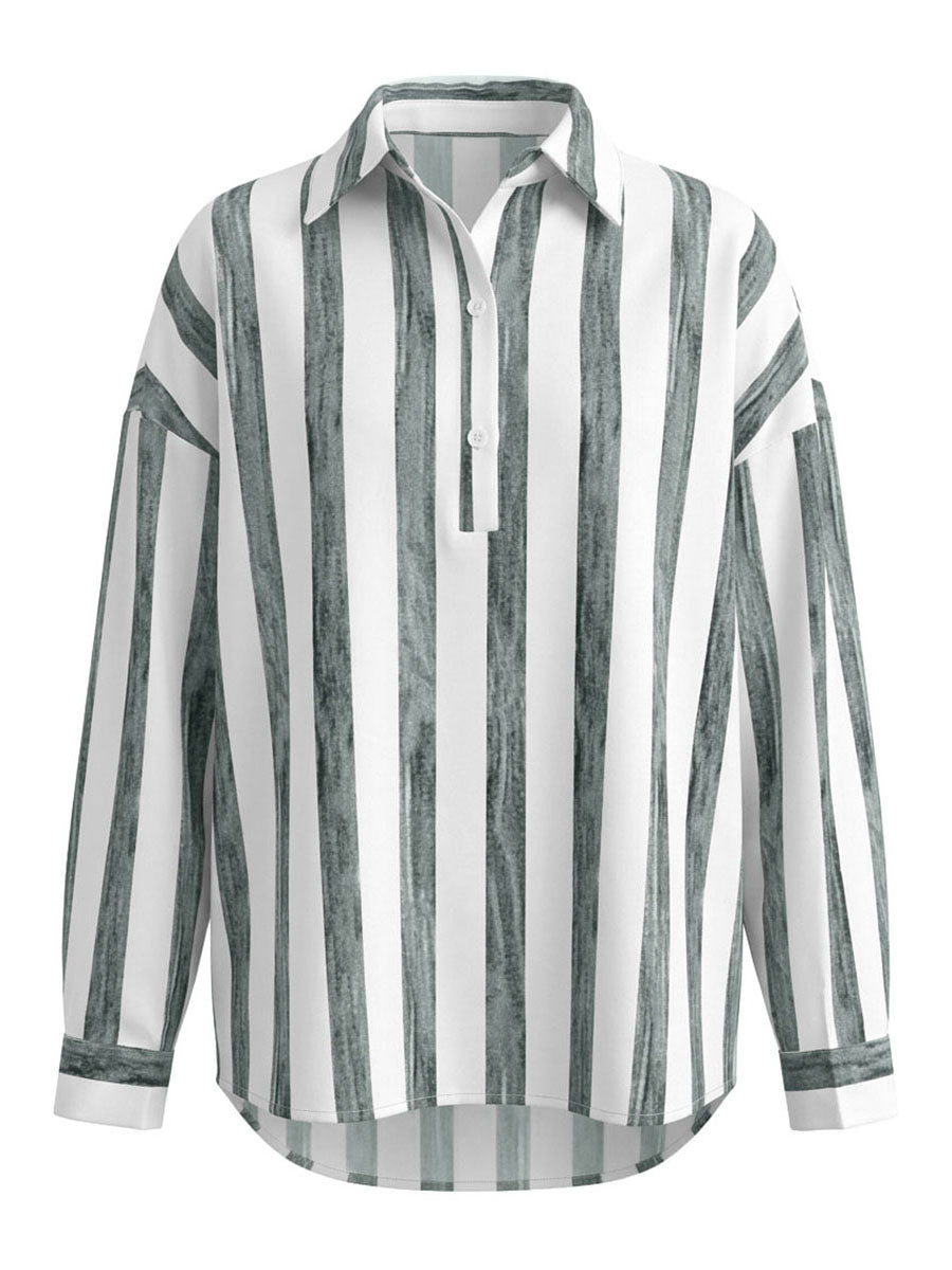 Long Sleeves Loose Buttoned Contrast Color Striped Lapel Blouses&Shirts Tops