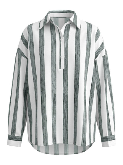 Long Sleeves Loose Buttoned Contrast Color Striped Lapel Blouses&Shirts Tops