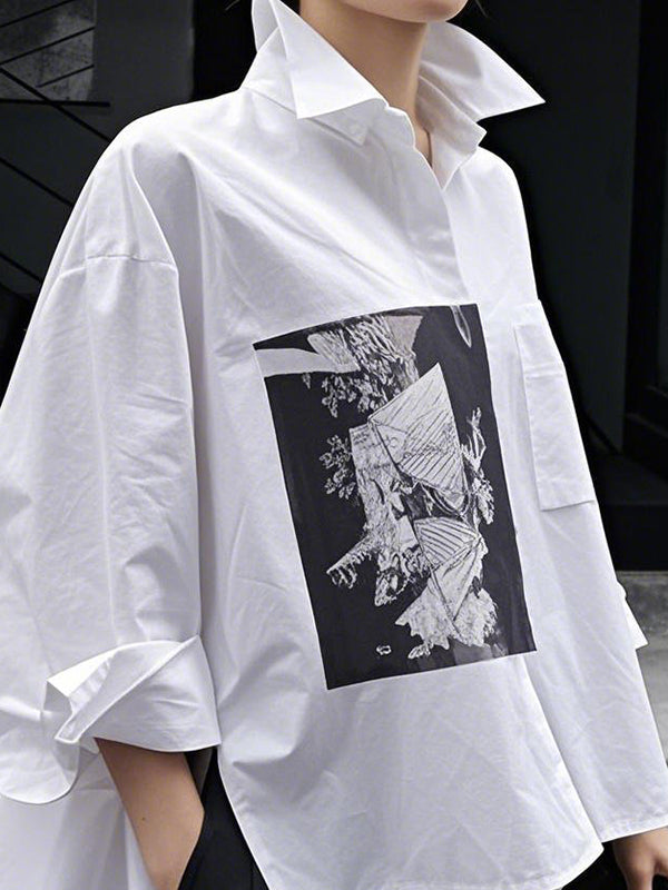 A-Line High-Low Buttoned Pockets Printed Split-Side Stand Collar Blouses&Shirts Tops