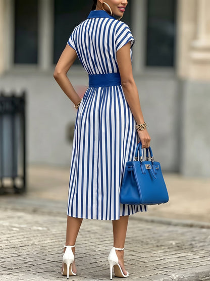 Striped Pockets Buttoned Short Sleeves High Waisted Lapel Midi Dresses