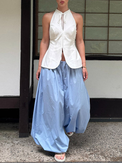 Elasticated Waist High Waisted Drawstring Pleated Solid Color Ankle-Tied Pants