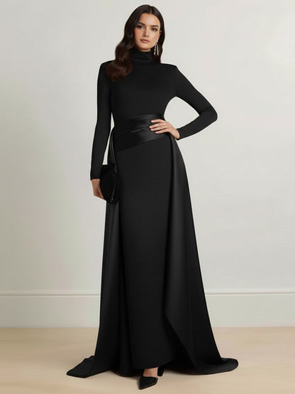 Bodycon Elasticated Waist Asymmetric Solid Color Split-Joint High Neck Maxi Dresses