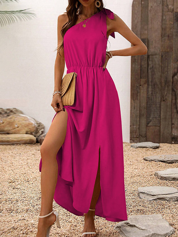 A-Line High Waisted Asymmetric Elasticity Pleated Solid Color Split-Side Tied One-Shoulder Maxi Dresses