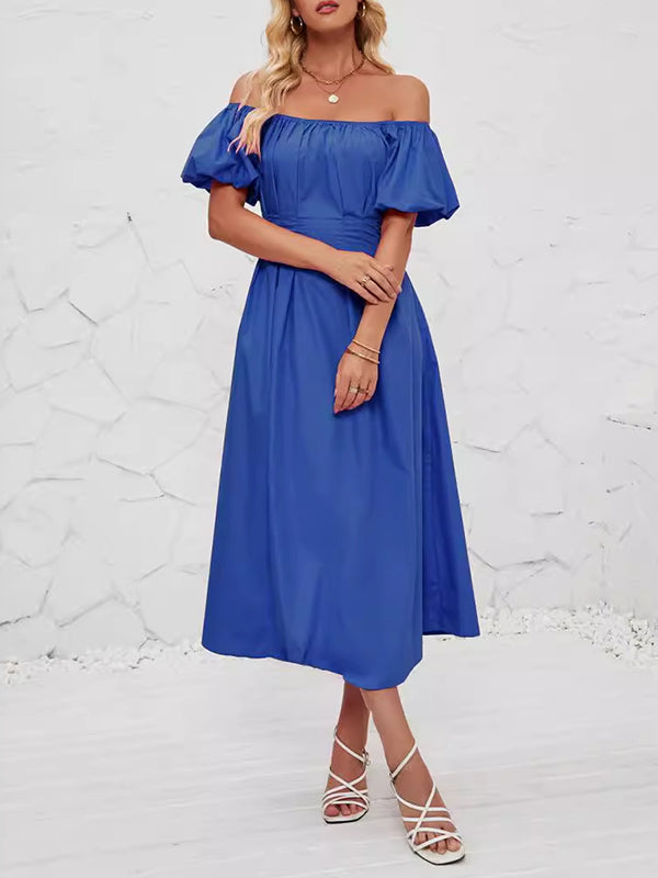 Loose Puff Sleeves Elasticity Pleated Solid Color Split-Joint Off-The-Shoulder Midi Dresses