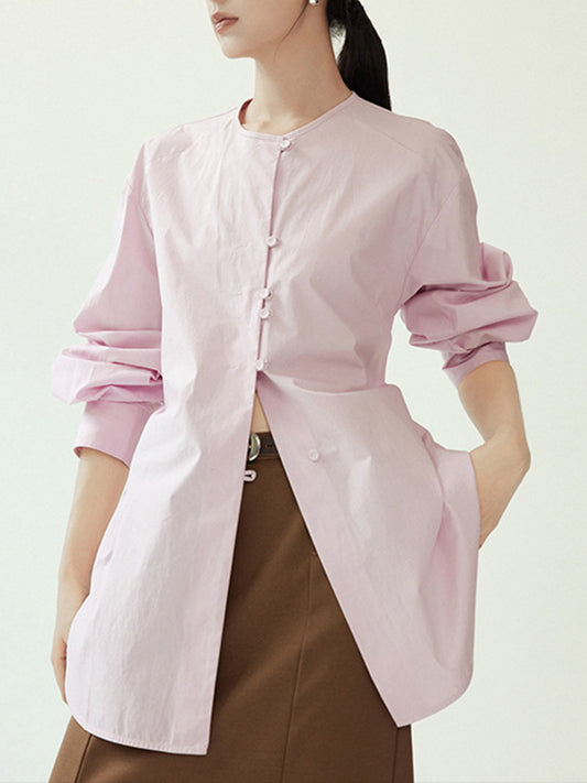 Long Sleeves Loose Buttoned Solid Color Tied Round-Neck Blouses&Shirts Tops