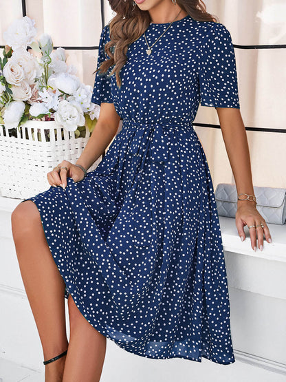 A-Line Elasticated Waist Contrast Color Polka Dot Split-Joint Tied Waist Round-Neck Midi Dresses