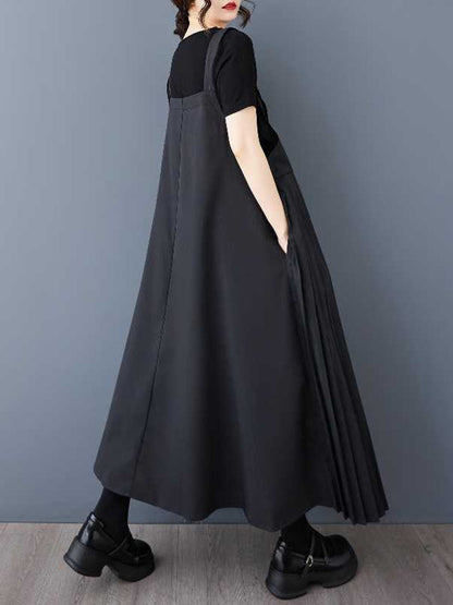 A-Line Loose Asymmetric Buttoned Contrast Color Pleated Pockets Split-Joint Adjustable Straps Midi Dresses