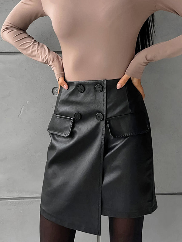 A-Line High Waisted Asymmetric Buttoned Solid Color Split-Joint Skirts Bottoms