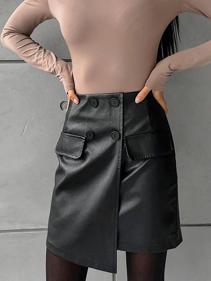 A-Line High Waisted Asymmetric Buttoned Solid Color Split-Joint Skirts Bottoms