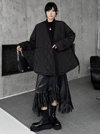 Long Sleeves Loose Plaid Quilted Solid Color Split-Joint Tied Collarless Outerwear Padded Coat
