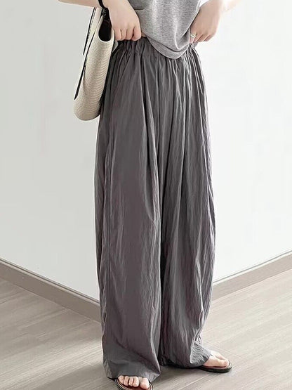 High Waisted Loose Elasticity Pleated Pockets Solid Color Pants Trousers