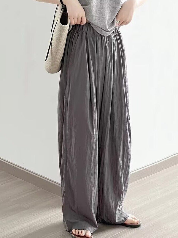 High Waisted Loose Elasticity Pleated Pockets Solid Color Pants Trousers