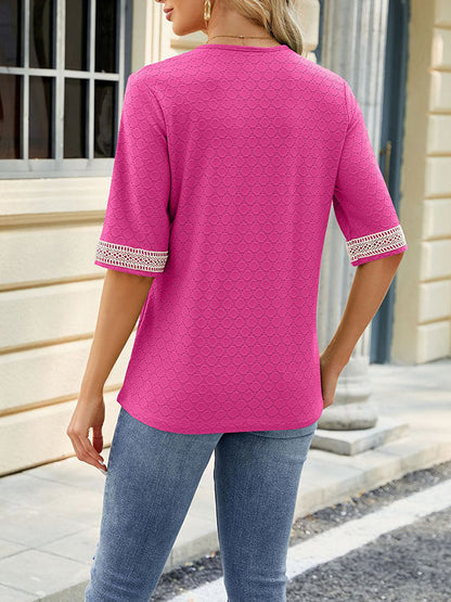 Loose Short Sleeves Contrast Color Hollow Split-Joint V-Neck T-Shirts Tops