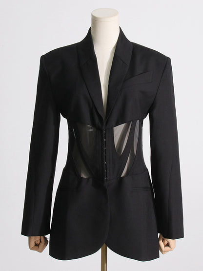 Long Sleeves Buckle Gauze See-Through Solid Color Split-Joint Notched Collar Blazer