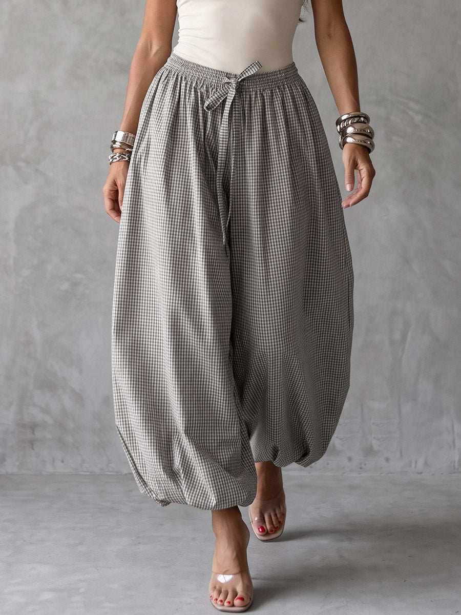 Pockets Plaid Elasticity Drawstring Wide Leg Loose Trousers Pants