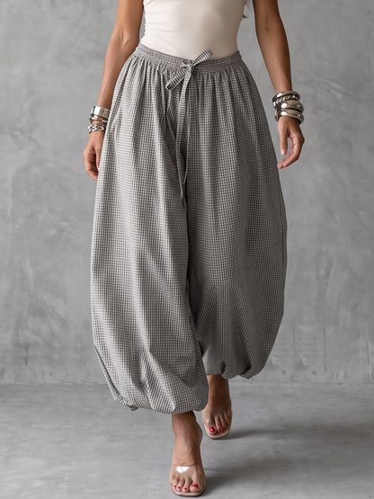 Pockets Plaid Elasticity Drawstring Wide Leg Loose Trousers Pants