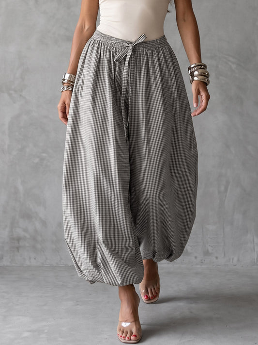 Pockets Plaid Elasticity Drawstring Wide Leg Loose Trousers Pants