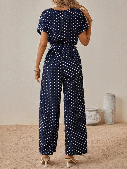 High Waisted Ninth Pants Contrast Color Polka-Dot Split-Joint Tied Waist Round-Neck Jumpsuits