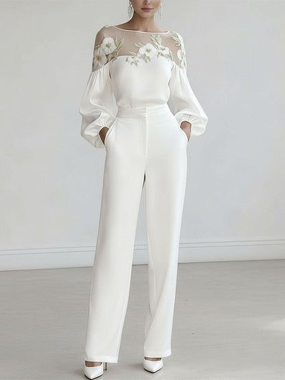Loose Puff Sleeves Applique Flower Shape Mesh Split-Joint Round-Neck Blouses&Shirts Tops