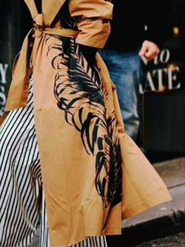 Long Sleeves Loose Printed Split-Joint Tied Waist Lapel Outerwear Trench Coats