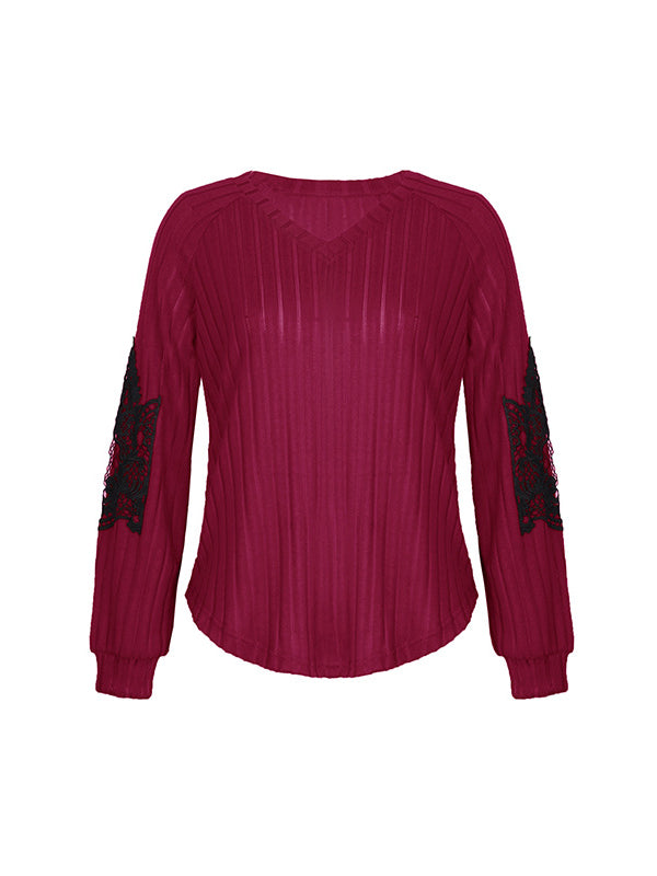 Long Sleeves Loose Split-Joint V-Neck T-Shirts Tops