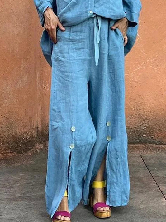 Loose Wide Leg Drawstring Solid Color Split-Front Split-Joint Pants Trousers