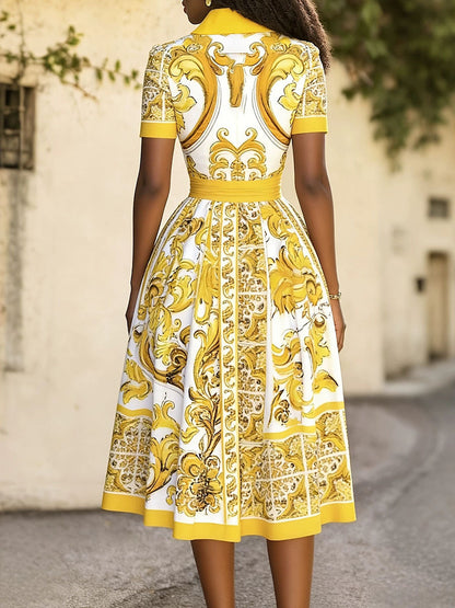 A-Line High Waisted Buttoned Contrast Color Pockets Printed Tied Waist Lapel Midi Dresses Shirt Dress