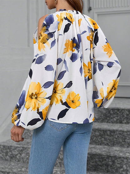 Long Sleeves Loose Elasticity Flower Print Pleated Cold Shoulder Blouses&Shirts Tops