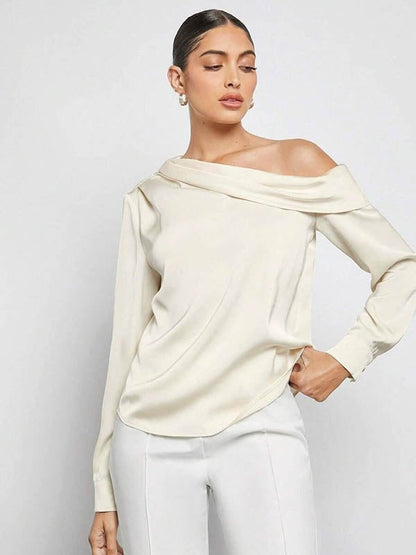 Long Sleeves Skinny Pleated Solid Color Split-Joint One-Shoulder Blouses&Shirts Tops