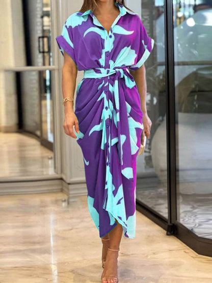 Elasticated Waist High Waisted Buttoned Pleated Solid Color Split-Joint Tied Waist Lapel Maxi Dresses Shirt Dress