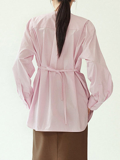 Long Sleeves Loose Buttoned Solid Color Tied Round-Neck Blouses&Shirts Tops