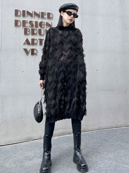 Irregularity Long Sleeves Asymmetric Mesh Pockets See-Through Solid Color Split-Joint Tasseled Stand Collar Midi Dresses