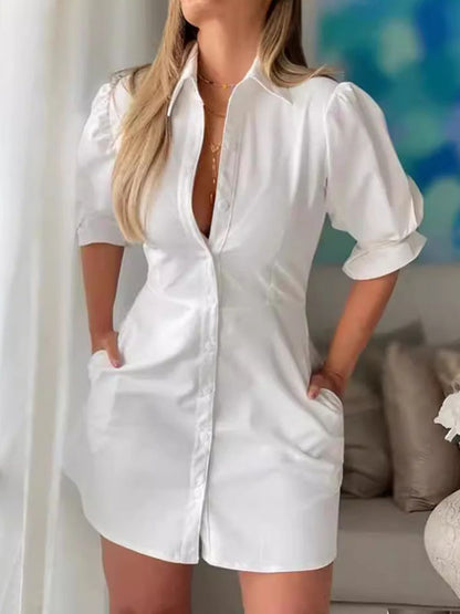 A-Line Flared Sleeves Buttoned Pleated Pockets Solid Color Split-Joint Lapel Mini Dresses Shirt Dress