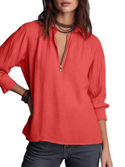 Long Sleeves Loose Pleated Solid Color Zipper Lapel Blouses&Shirts Tops