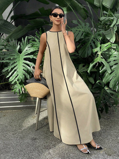 A-Line Loose Contrast Color Line Round-Neck Maxi Dresses